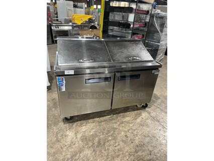 Dukers Commercial Refrigerated Sandwich/Salad Prep Table! All Stainless Steel! With 2 Door Storage Space Underneath! With Poly Coated Racks! Model DSP 60 Serial DUK211103! 115V! On Casters!