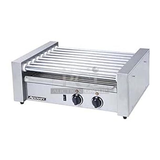 BRAND NEW SCRATCH AND DENT! Adcraft RG-09 Stainless Steel Commercial Countertop Hot Dog Roller Grill. 120 Volts, 1 Phase. Tested and Gets Warm But Rollers Do Not Move