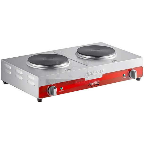 BRAND NEW SCRATCH AND DENT! Avantco 177EB202SBSA Double Burner Solid Top Stainless Steel Portable Electric Side-by-Side Hot Plate. 120 Volts, 1 Phase. 