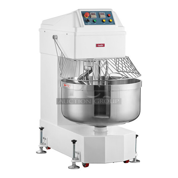 BRAND NEW SCRATCH AND DENT! Estella 348SM130 Metal Commercial Floor Style 130 Qt. / 195 lb. Two-Speed Spiral Dough Mixer w/ Stainless Steel Mixing Bowl, Bowl Guard and Dough Hook Attachment. 220 Volts, 3 Phase. Tested and Working!