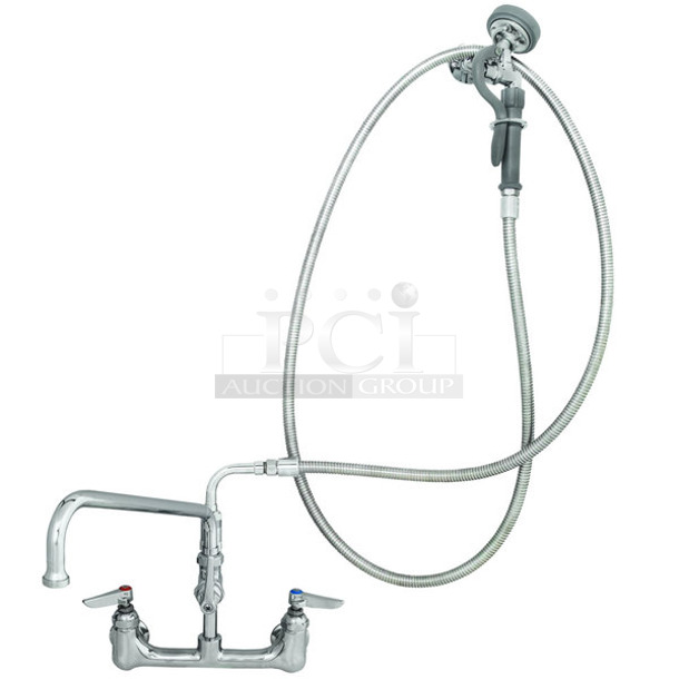 BRAND NEW SCRATCH AND DENT! T&S B-0175-06 510B017506 Wall Mounted Pre-Rinse Faucet with Adjustable 8" Centers, Angled Spray Valve, 68" Hose, 8" Add-On Faucet, 90 Degree Swivel Adapter, and Wall Hook