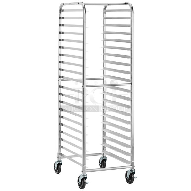 BRAND NEW SCRATCH AND DENT! Regency 109APR1820L 20 Pan End Load Bun / Sheet Pan Rack with Non-Marking Casters - Unassembled