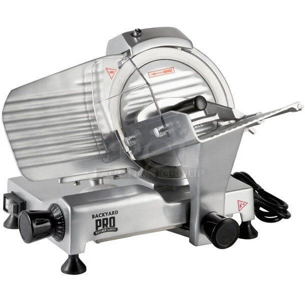 BRAND NEW SCRATCH AND DENT! Backyard Pro 554SL109E Metal Commercial Butcher Series 9" Manual Gravity Feed Meat Slicer. 120 Volts, 1 Phase. Tested and Working!
