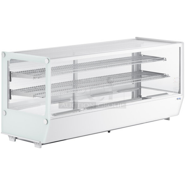 BRAND NEW SCRATCH AND DENT! Avantco 360BCS60HCW 60" White Refrigerated Square Countertop Bakery Display Case with LED Lighting. See Pictures for Side Glass Pane Damage. 115 Volts, 1 Phase. Tested and Powers On But Does Not Get Cold