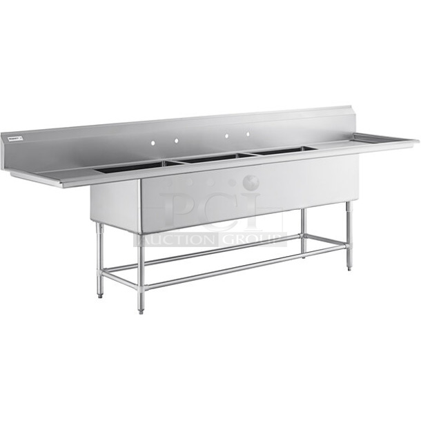 BRAND NEW SCRATCH AND DENT! Regency 600S3242424S Spec Line 124" 14 Gauge Stainless Steel Three Compartment Commercial Sink with 2 Drainboards - 24" x 24" x 14" Bowls