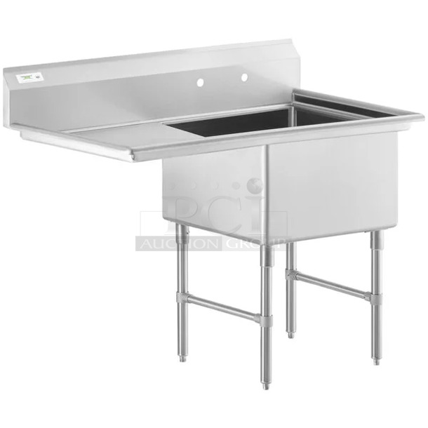 BRAND NEW SCRATCH AND DENT! Regency 600S1242424L 50 1/2" 16 Gauge Stainless Steel One Compartment Commercial Sink with Stainless Steel Legs, Cross Bracing, and 1 Drainboard - 24" x 24" x 14" Bowl. No Legs. 