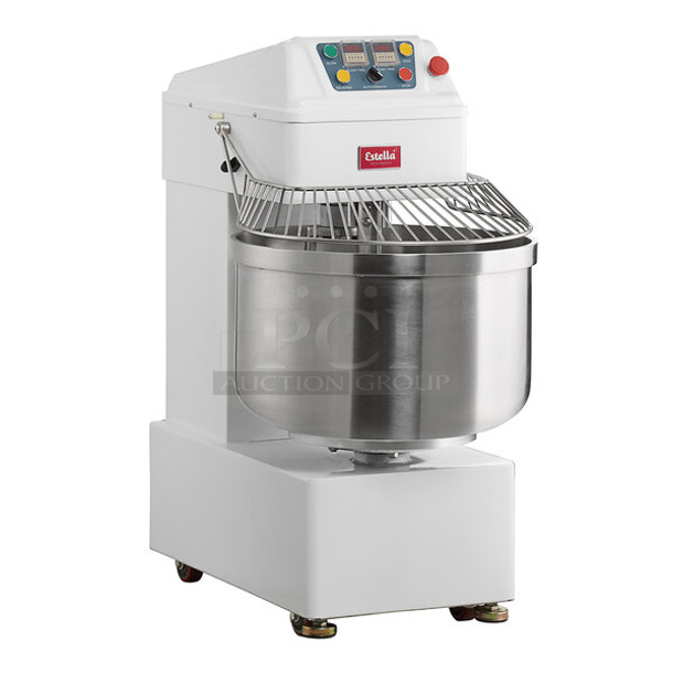 BRAND NEW SCRATCH AND DENT! Estella 348SM80 Metal Commercial 80 Quart / 120 Pound Two-Speed Spiral Dough Mixer w/ Stainless Steel Mixing Bowl, Bowl Guard and Dough Hook. 220 Volts. Tested and Working!