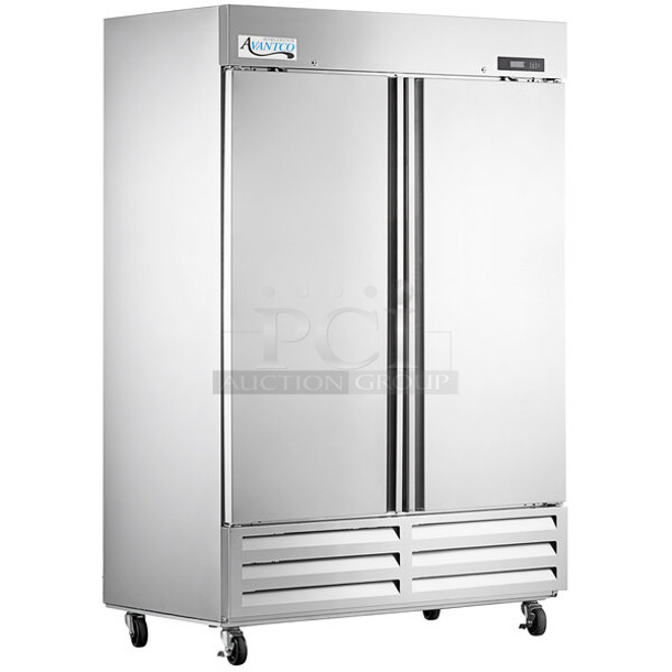 BRAND NEW SCRATCH AND DENT! 2023 Avantco 447AP49F Stainless Steel Commercial 55 3/8" Stainless Steel Solid Door Reach-In Freezer w/ Poly Coated Racks. 115 Volts, 1 Phase. Tested and Working!