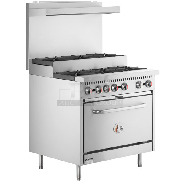 Cooking Performance Group S36-SU-N Gas 6 Burner 36" Step-Up Range with 1 Standard Oven, 210,000 BTU. Legs For Back Panel Supports Are Bent. 36x32-5/8x60-3/8 