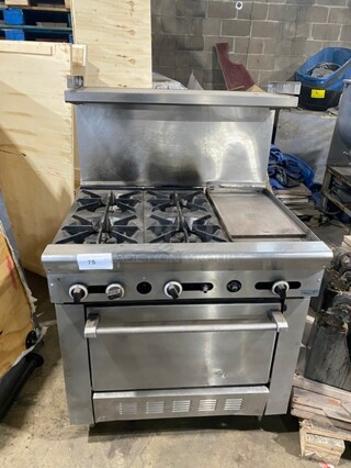 US Range Commercial Natural Gas Powered 4 Burner Stove! With Right Side Flat Griddle! With Backsplash & Overhead Salamander Shelf! With Full Size Oven Underneath! All Stainless Steel! 