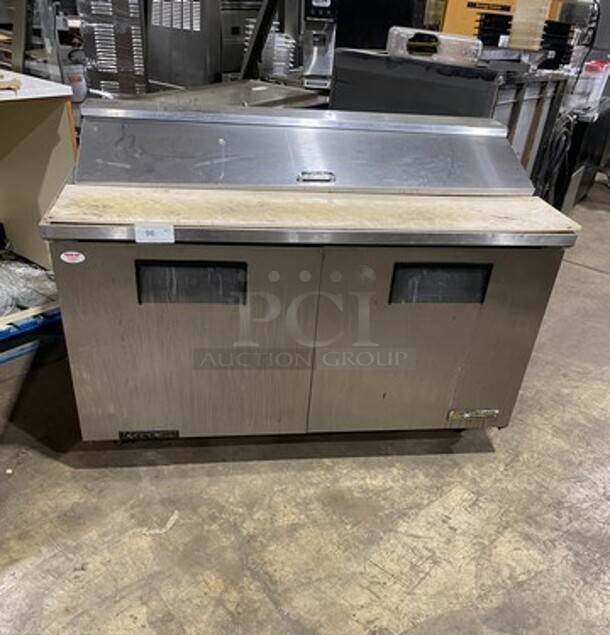 True Commercial Refrigerated Sandwich Prep Table! With Commercial Cutting Board! With 2 Door Underneath Storage Space! All Stainless Steel! On Casters! Model: TSSU6016 SN: 13826602 115V 60HZ 1 Phase