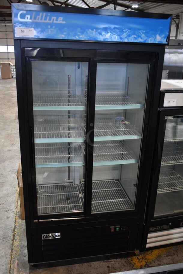 Coldline G40S-B Metal Commercial 2 Door Reach In Cooler Merchandiser w/ Poly Coated Racks on Commercial Casters. 115 Volts, 1 Phase. Tested and Working!