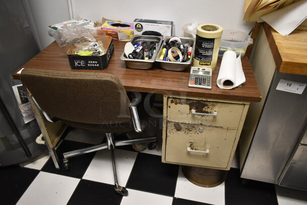 Tan Metal 2 Drawer Desk w/ Wood Pattern Desktop, Contents and Office Chair. (kitchen)