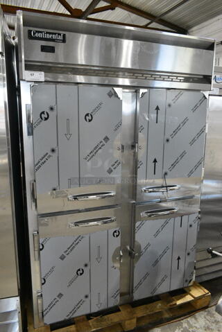 BRAND NEW SCRATCH AND DENT! 2024 Continental 2FNPTHD Stainless Steel Commercial 4 Half Size Door Reach In Freezer w/ Poly Coated Racks and Commercial Casters. 115 Volts, 1 Phase.