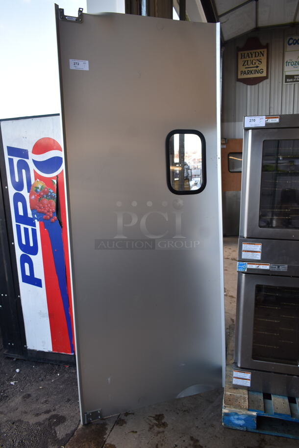 BRAND NEW SCRATCH AND DENT! Metal Commercial Swinging Kitchen Door w/ Box of Hardware.