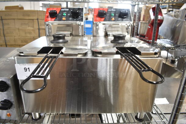 2023 Crosson CF-20 Stainless Steel Commercial Countertop Electric Powered 2 Bay Fryer w/ 2 Metal Fry Baskets. 120 Volts, 1 Phase.