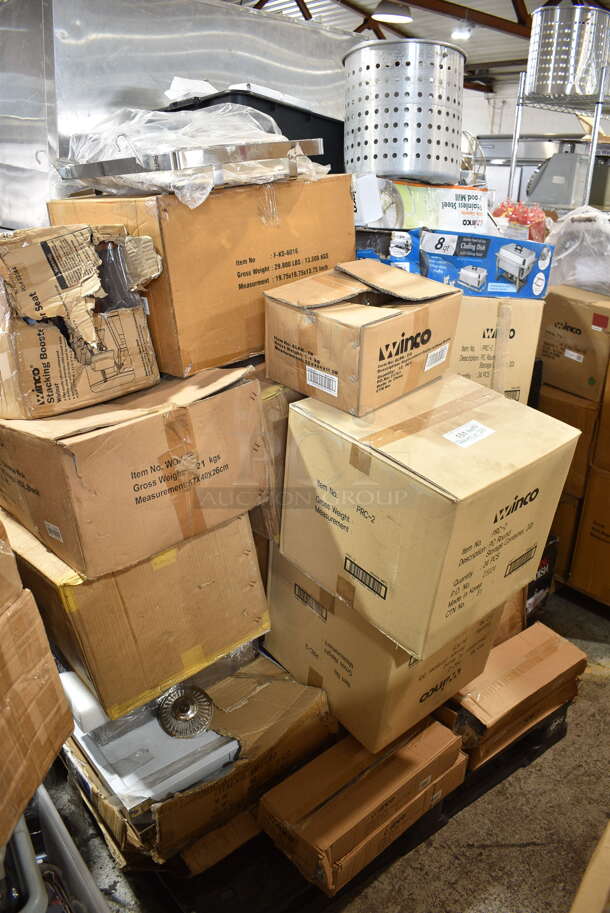 PALLET LOT of 27 BRAND NEW! Items/Boxes Including 2 Box Winco TBH-18 18" Table Number Holders, KC-01-4P Cleaver Sets, Winco WOK-36 16" Chinese Wok, Winco Stacking Booster Seat, F-KS-6016, ALRK-EW, Winco PRC-2 Round Storage Container, Winco Chafers, Metal Steam Pot Insert. 27 Times Your Bid! 