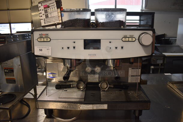 Schaerer Barista Stainless Steel Commercial Countertop 2 Group Espresso Machine w/ 4 Portafilters, 2 Steam Wands and 2 Hoppers. 208 Volts, 1 Phase. 29x22x30