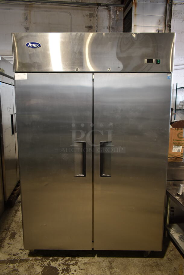 2020 Atosa MBF8005GR Stainless Steel Commercial 2 Door Reach In Cooler w/ Poly Coated Racks on Commercial Casters. 115 Volts, 1 Phase. Tested and Working!