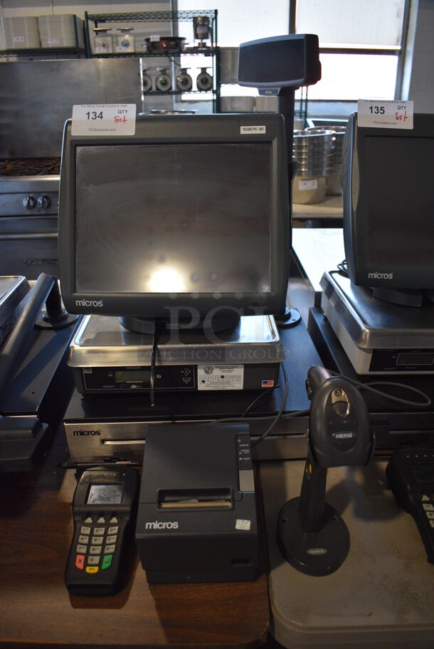 Micros 15" POS Monitor, NCI Food Portioning Scale, Metal Cash Drawer, Epson Model M129H Receipt Printer, Credit Card Reader and Barcode Scanner.