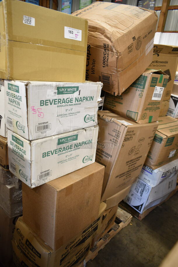 PALLET LOT of 30 BRAND NEW Boxes Including 2 Box 5001BNAP Choice White Beverage Cocktail Napkin 4000/case, 500MFTN Lavex Natural Brown Kraft M-Fold (Multifold) Towel - 4000/Case, 2 Bundle 245CB12 WHITE Choice 12" x 12" x 2" White Customizable Corrugated Plain Pizza Box - 50/Bundle, 795KFTL4PE Choice 4 oz. Round PET Take-Out Lid - 1000/Case, Choice Black 2 oz Portion Cups, 2 Box 612FS1116 Choice Full Size Foil Steam Table Pan Shallow 1 11/16" Depth - 50/Case, Choice Food Containers, 50012W Choice 12 oz. White Poly Paper Hot Cup - 1000/Case, Dart 60HT1 White Foam Hinged Lid Container 6" x 6" x 3" - 500/Case, CH24DEF 24 oz. Tamper-Resistant, Tamper-Evident Hinged Container, 831741 Cinnamon Buns Clam clear pet hinged containers. 30 Times Your Bid!