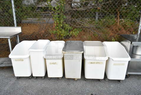 6 Various White Poly Ingredient Bin on Commercial Casters. 6 Times Your Bid! 