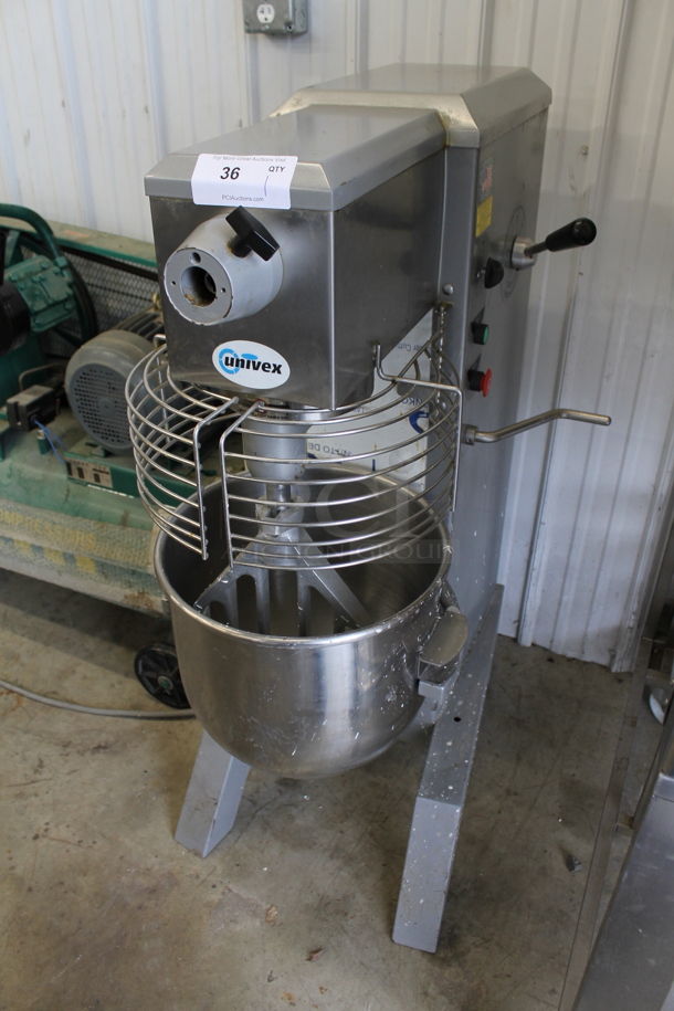 2014 Univex SRM30 Metal Commercial Floor Style 30 Quart Dough Mixer w/ Stainless Steel Mixing Bowl, Bowl Guard and Paddle Attachment. 115 Volts, 1 Phase. Tested and  Powers On But Parts Do Not Move
