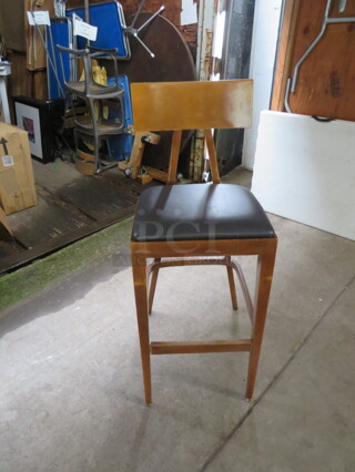 Wooden Bar Height Chair With A Black Cushioned Seat. 3XBID