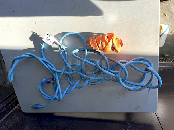 NICE! Extra Long blue Extension Cord & Ratchet Tie Down. 