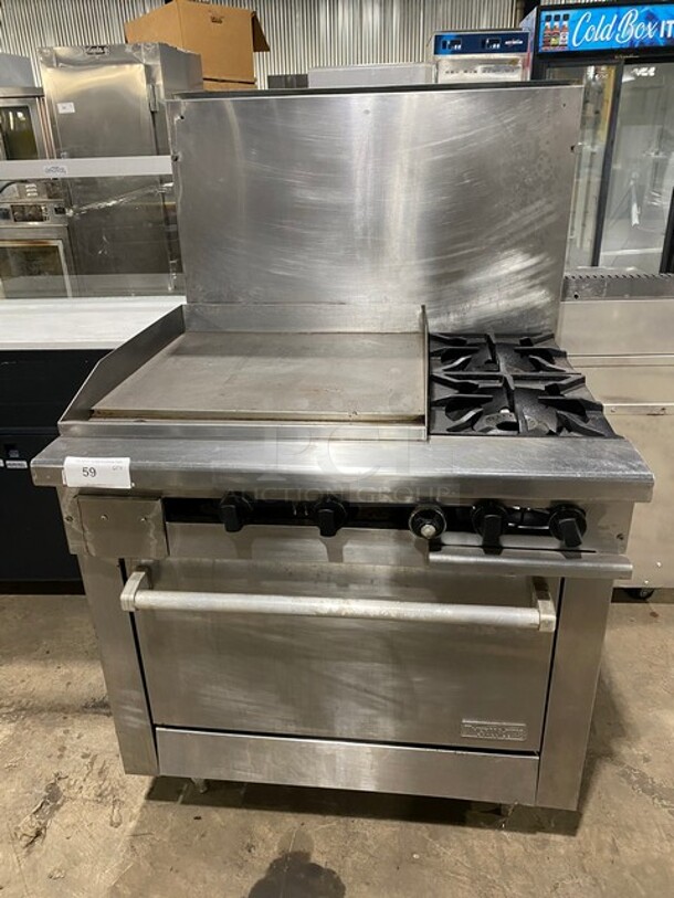 Therma-Tek Natural Gas Powered 2 Burner Range Split Top With Flat Griddle & Oven Underneath! All Stainless Steel! With Back Splash! On Legs! Model TMDS36-24G-2-1N SN: 11K02659C! - Item #1145663