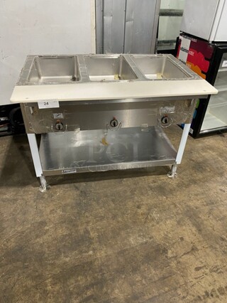 Duke Commercial Electric Powered 3 Well Steam Table! With Storage Space Underneath! With Commercial Cutting Board! All Stainless Steel! On Casters! Model: E303M SN: 03041770! 208V 3 Phase!