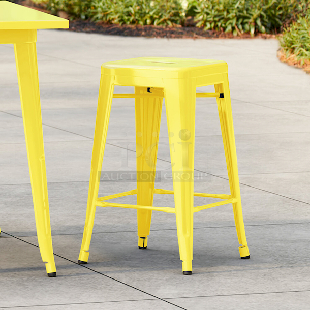 BRAND NEW SCRATCH & DENT! Lancaster Table & Seating 164CMBKLSYEL Alloy Series Citrine Yellow Outdoor Backless Counter Height Stool. 4X YOUR BID