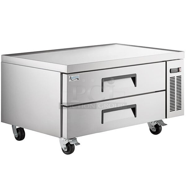 BRAND NEW SCRATCH & DENT! Avantco CBE-48-HC 48" 2 Drawer Refrigerated Chef Base, 115v. Tested. Turns On and Gets Cold. Dent on the lower right corner and. See photos. 48x32x26