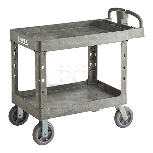 BRAND NEW SCRATCH AND DENT! Lavex 475UCPN2EHGY Large Gray 2-Shelf Utility Cart with Ergonomic Handle, Built-In Tool Compartments, and Oversized Wheels - 43 1/8" x 24 5/8" x 38 1/8"
