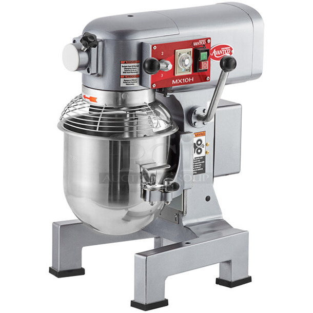 BRAND NEW SCRATCH AND DENT! Avantco MX10H Metal Commercial Countertop 10 Quart Planetary Dough Mixer w/ Stainless Steel Mixing Bowl, Bowl Guard, Dough Hook, Paddle and Whisk Attachments. 120 Volts, 1 Phase. Tested and Working!