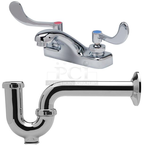 BRAND NEW SCRATCH AND DENT! Zurn Z8700-8B-PC 1 1/4" x 1 1/4" Semi-Cast P-Trap with Cleanout, 8" Arm, and Brass Nuts and Z81104-XL-3M Faucet w/ Handles. 