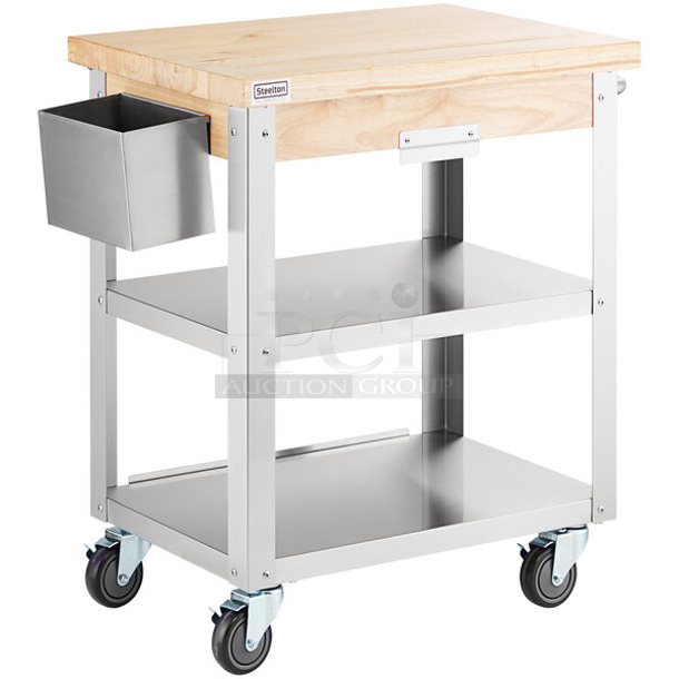 BRAND NEW SCRATCH AND DENT! Steelton 522MPC2030 Wood Top Work Cart with Stainless Steel Base and Undershelves - 32" x 20" x 35
