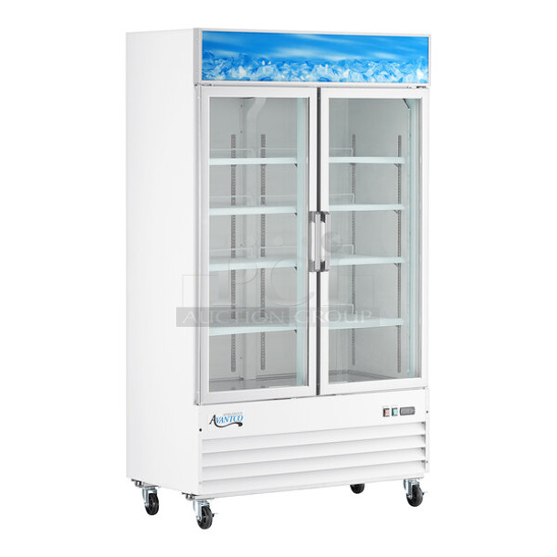 BRAND NEW SCRATCH AND DENT! 2023 Avantco 178GDC40HCW Metal Commercial 48" White Swing Glass Door Merchandiser Refrigerator with LED Lighting and Poly Coated Racks. 115 Volts, 1 Phase. Tested and Working!
