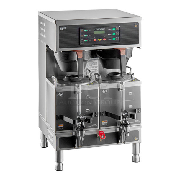 BRAND NEW SCRATCH AND DENT! Curtis GEMTS10A1000 Stainless Steel Commercial Countertop G3 Gemini Twin 1.5 Gallon Satellite Coffee Brewer w/ Hot Water Dispenser, 2 Satellite Servers and 2 Poly Brew Baskets. 220 Volts, 1 Phase. - Item #1117718