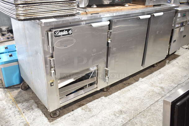 2016 Leader LB72 S/C Stainless Steel Commercial 3 Door Undercounter Cooler on Commercial Casters. 115 Volts, 1 Phase. Tested and Working!