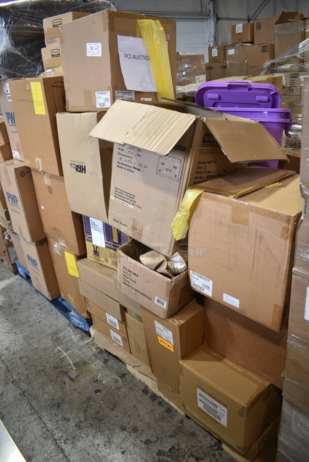 PALLET LOT of 37 BRAND NEW Boxes Including Vollrath 741101DW 11 qt Drop In Soup Warmer w/ Thermostatic Controls, World Tableware 407 030 Calais 7 1/8" 18/8 Stainless Steel Extra Heavy Weight Utility / Dessert Fork, Henny Penny 19502 Fryer Basket Handle, Walco 2505 Vogue Dinner Forks, Winco CMM-20 20 oz Moscow Mule Mug, Carlisle Black Dolly, Oneida Hallmark Place Knives, 2 Box Arcoroc C8303 Perfection 15 Oz. Stemless Wine Glass, PPRN76 Double Opening Newsprint Bags, Tablecraft 10291535 Salt Pepper Shakers, Mundial W5691-4 Pizza Cutters, Steelite 7194TM073 6-1/2" Plates, Winco ALRK-20-CV Cover Bun Pan Rack, MB204 Allessandria Dessert Forks, 4 Box GET P-4050-CL Beverage Pitchers, 4210-100-25WDL Containers, Taste White Dipper Tasters, Steelite 11070575 Taster Dip, Smart Bowl Bottle Set, 2 Purple Poly Bins w/ Lids, C8303A Perfection 15 oz Glasses, XLXS Guardian Series Pre Stir 368mm x 450m. 37 Times Your Bid!