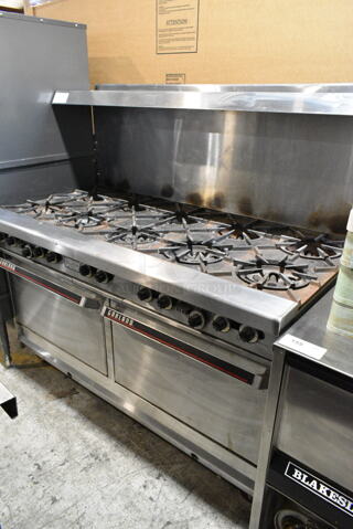 Garland Stainless Steel Commercial Gas Powered 10 Burner Range w/ 2 Ovens, Over Shelf and Back Splash on Commercial Casters. 