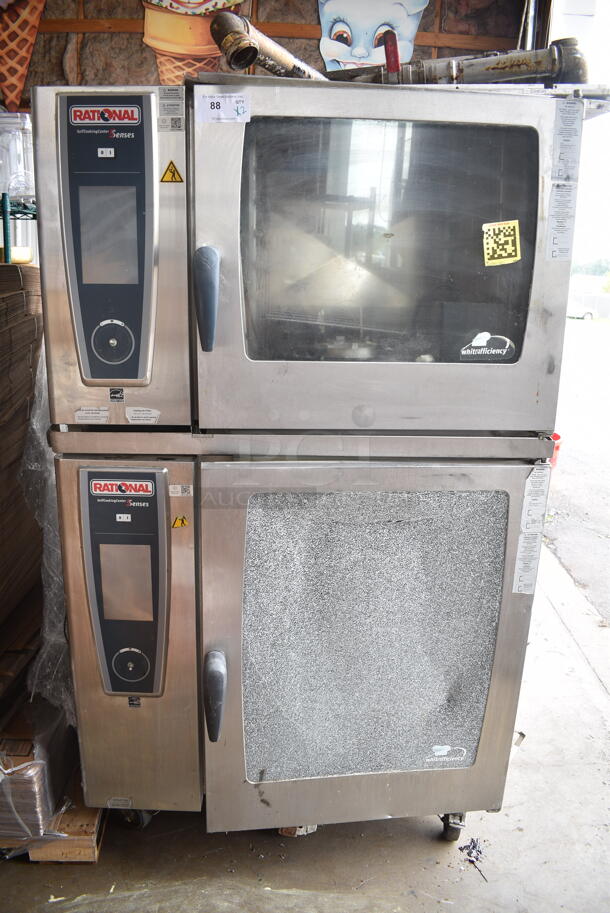 2 2016 Rational Stainless Steel Commercial Combitherm Self Cooking Center Convection Ovens on Commercial Casters. Top Model: SCC WE 62. Bottom Model: SCC WE 102. 480 Volts, 3 Phase. See Pictures for Lower Oven Glass Damage. 2 Times Your Bid!