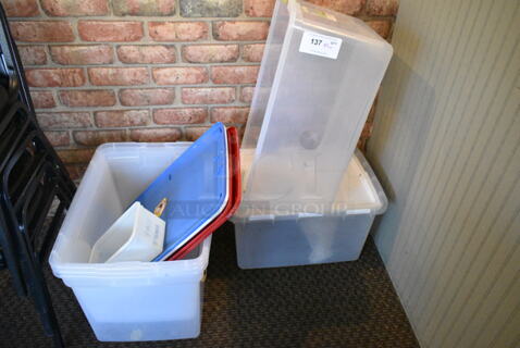 ALL ONE MONEY! Lot of 5 Poly Bins and Various Lids. (booth room) 