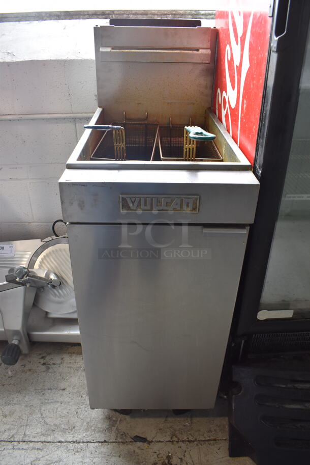 Vulcan LG400 Commercial Stainless Steel Natural Gas Fryer With Two Fryer Baskets on Commercial Casters. 120,000 BTU.