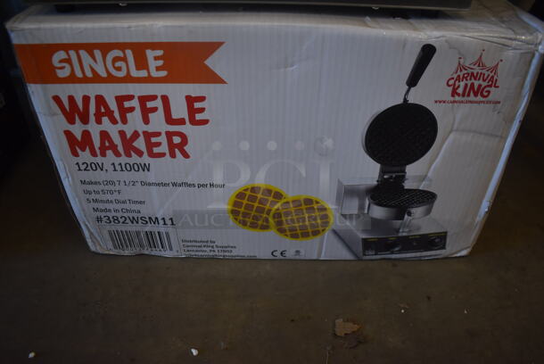 BRAND NEW IN BOX! Carnival King 382WSM11 Stainless Steel Commercial Countertop Non-Stick Single Waffle Maker with Timer. 120 Volts, 1 Phase. 10x20x12. Tested and Working!