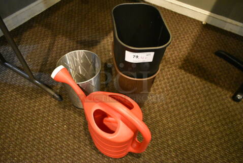 ALL ONE MONEY! Lot of 4 Items Including Metal Bin, Watering Can, Trash Can. (main dining room)