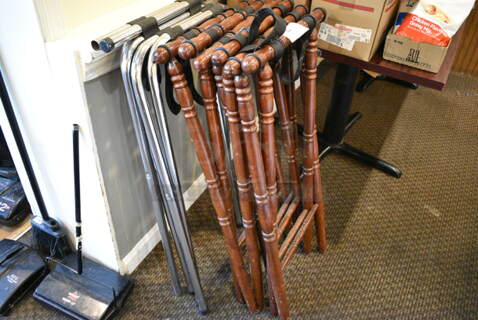 5 Folding Serving Tray Stands Including 3 Wooden and 2 Metal. 5 Times Your Bid! (main dining room)