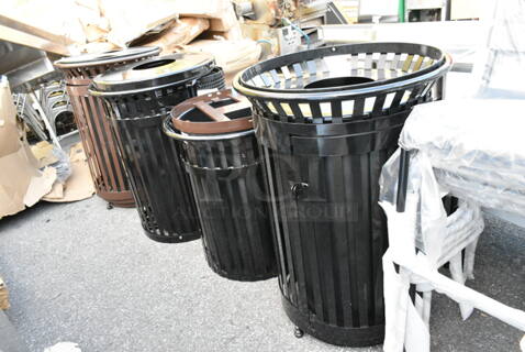 4 Various BRAND NEW SCRATCH AND DENT! Metal Trash Can Shells Including 475RND45LINER Lancaster Table & Seating Black Plastic Round Can Liner for 45 Gallon Steel Outdoor Can, 475R36SLBMBN 36 Gallon Trash Can Bottom, 475TCS36BKBODY TRASH CAN BODY 36 GALLON SLATTED STEEL BLACK, 475TCS45BKBODYDR TRASH CAN BODY PRE-ASSEMBLED WITH DOOR 45 GALLON SLATTED STEEL BLACK. Includes 29x29x43, 27x27x33. 4 Times Your Bid! 