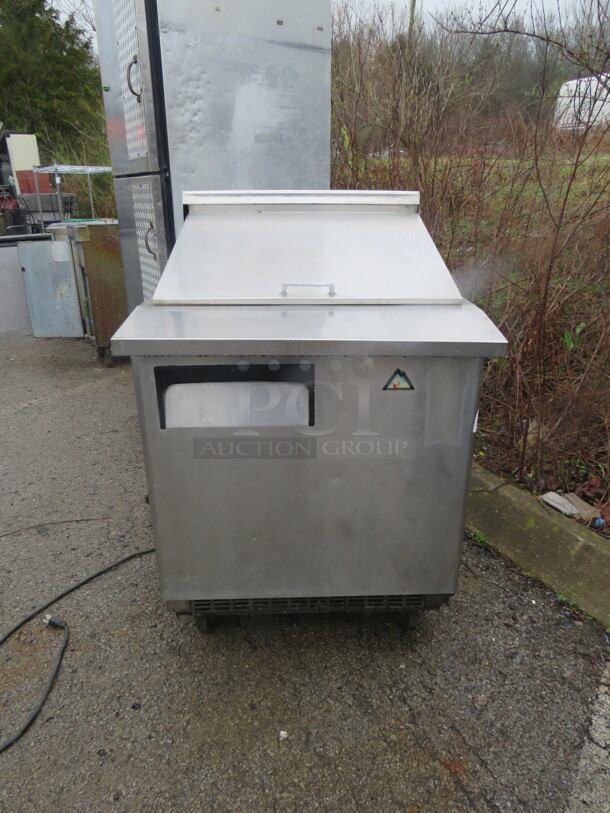 One WORKING Everest Stainless Steel 1 Door  Refrigerated Prep Table On Casters. Model# EPBR1. 115 Volt.  28X35X43